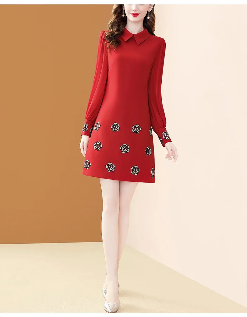 Floral Embroidery Chiffon Dress With Polo Collar For Office