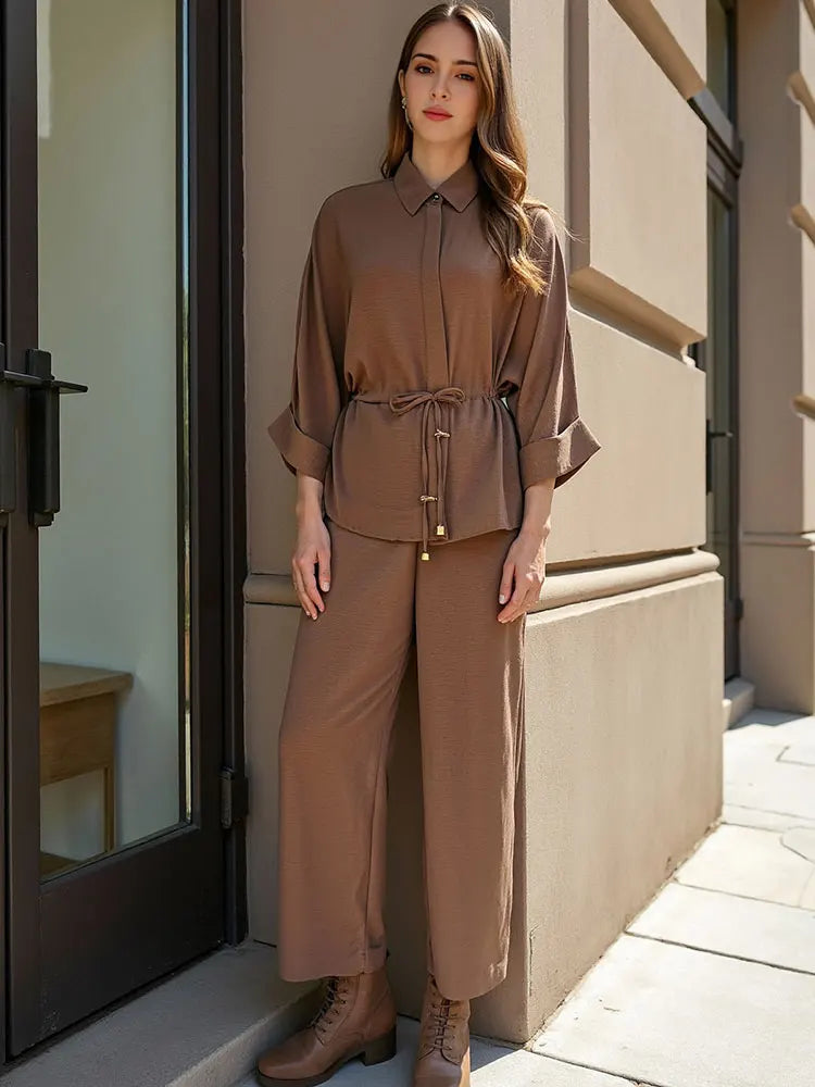 High Waist Casual Trousers and Long Sleeve Shirt Set for Women with Retro Lapel and Drawstring Waist