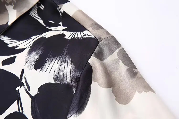 Women's Satin Textured Printed Shirt Long Sleeve Lapel Single-Breasted Slim Fit Casual Chic Top for Spring and Summer