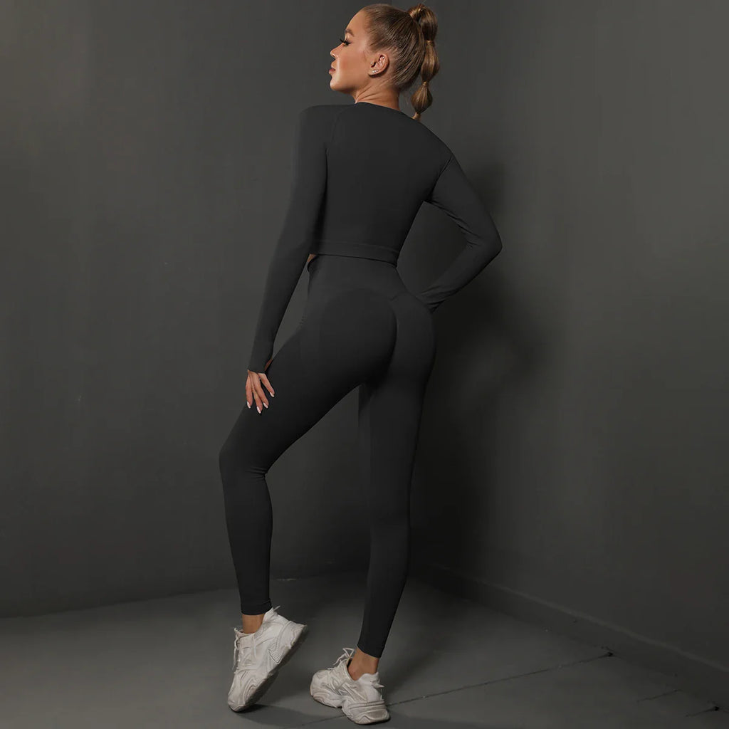 2Pcs Women Seamless Energy Gym Set Bubble Butt Sports Leggings and Long Sleeve Push Up Running Tracksuit Tights Activewear Set