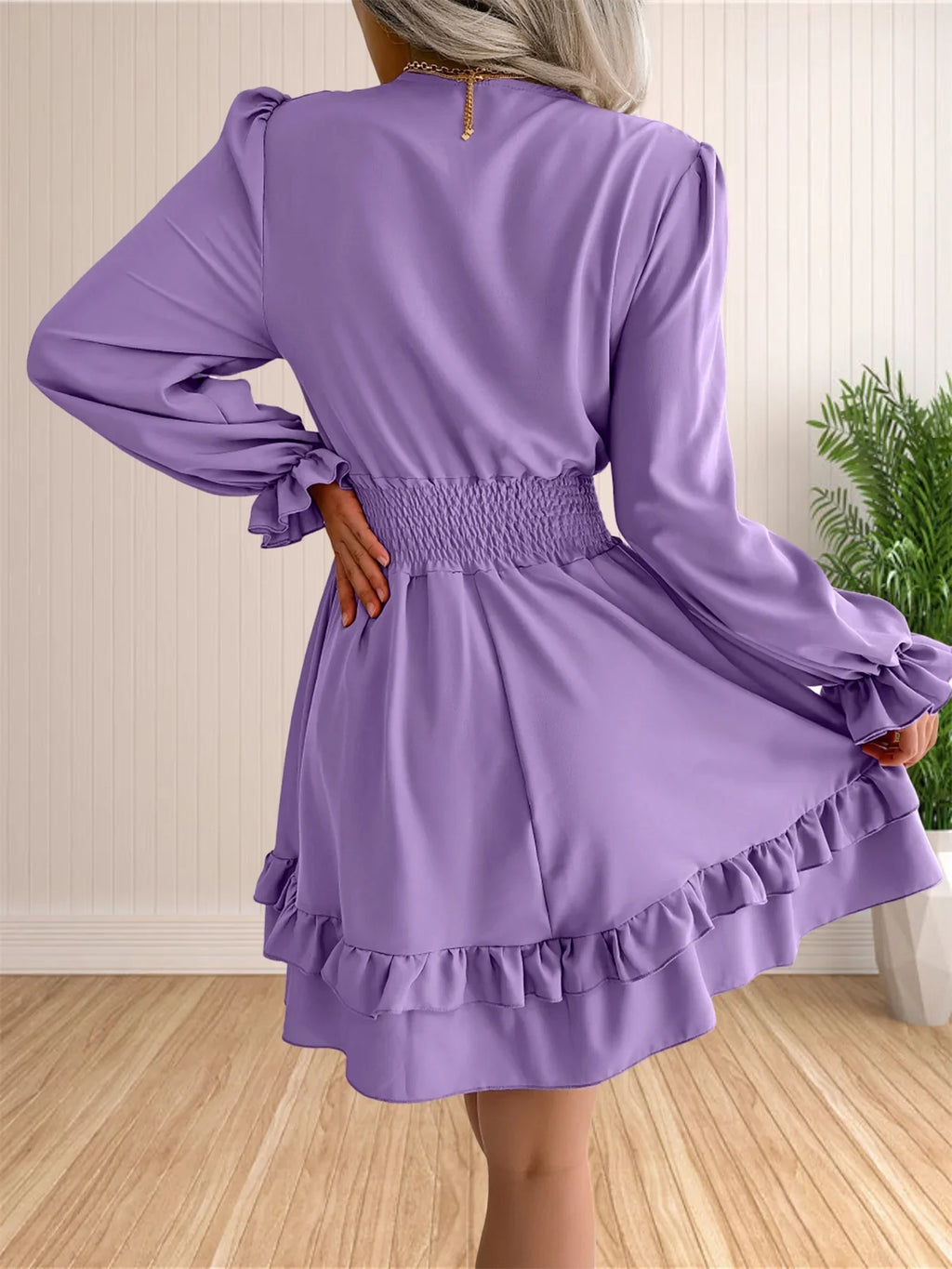 Womens V Neck Knot Front Smocked Waist Tiered Skater Dress