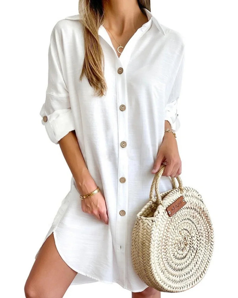 Solid Color Button Front Shirt Dress Long Sleeve Lapel