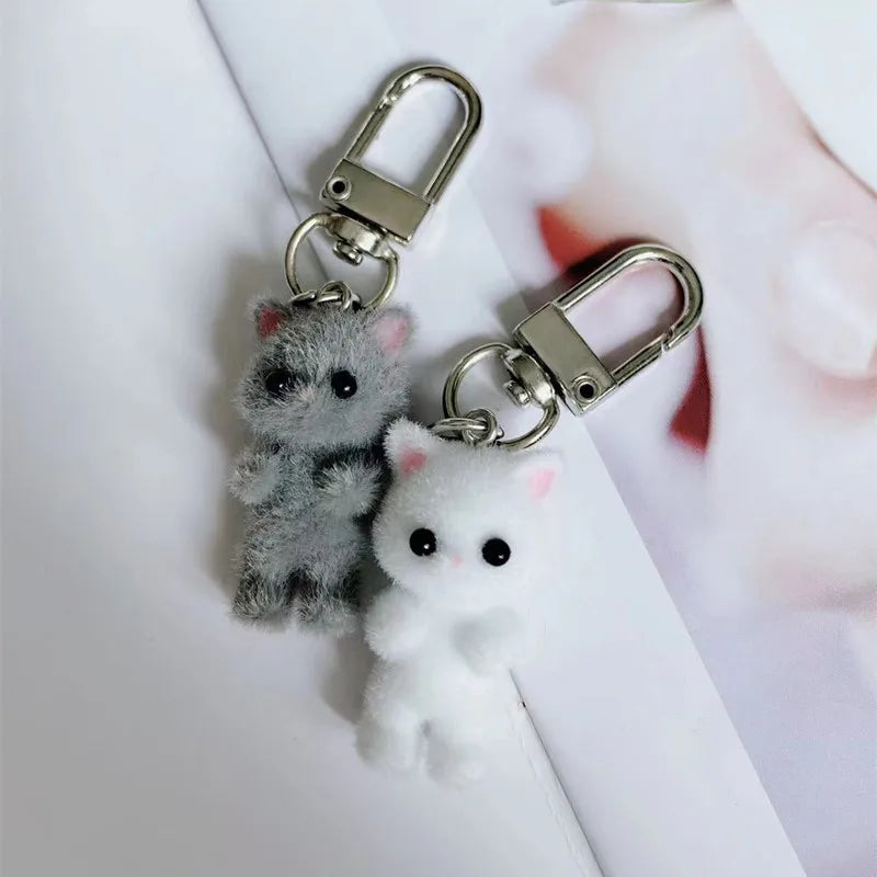 Cute Flocking Cat Keychain 3D Love Pendant Headphone Charm Bag Decor Jewelry Gift