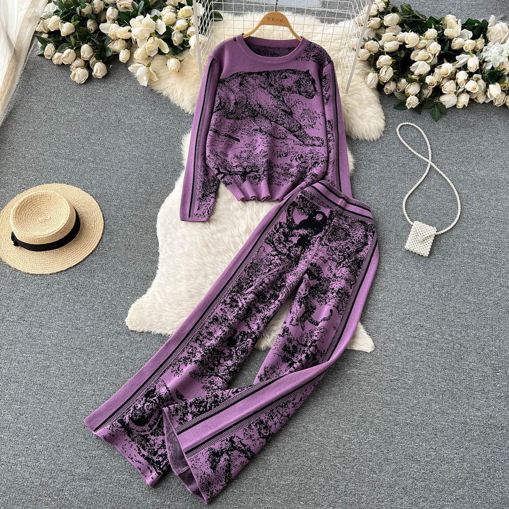 Casual Women Two Piece Knitted Tracksuit Set with Elegant Sweater and Pants for Winter Comfort