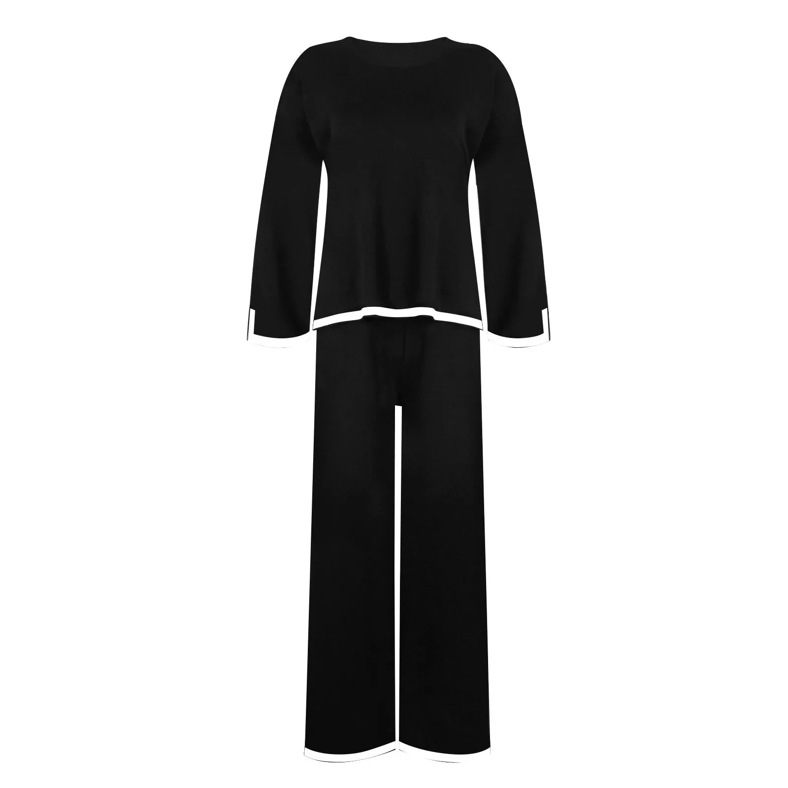 Knitted Women's Casual Two Piece Set with Long Sleeve Sweater and Wide Leg Pants for Comfortable Homewear