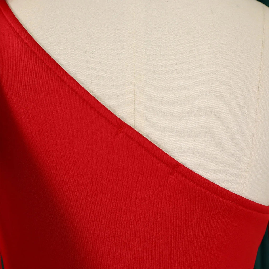 One Shoulder Bow Dress A Line Pleated Mid Calf Party Dress