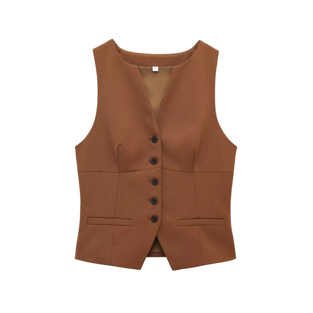 Women's Sleeveless Button-Down Vest with Pockets and Matching Mini Skirt Two-Piece Set for Chic and Stylish Look