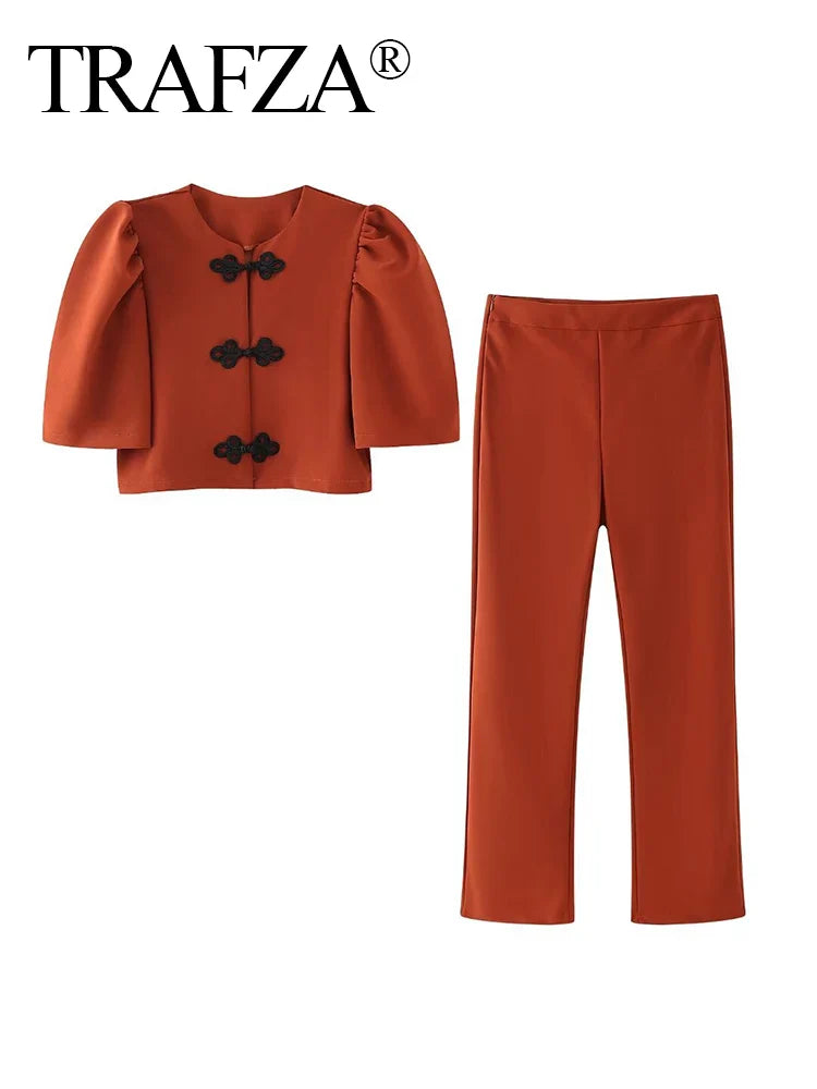 Women Summer Casual Pants Suit with Puff Sleeve Shirt and Elegant Long Pants Matching Set