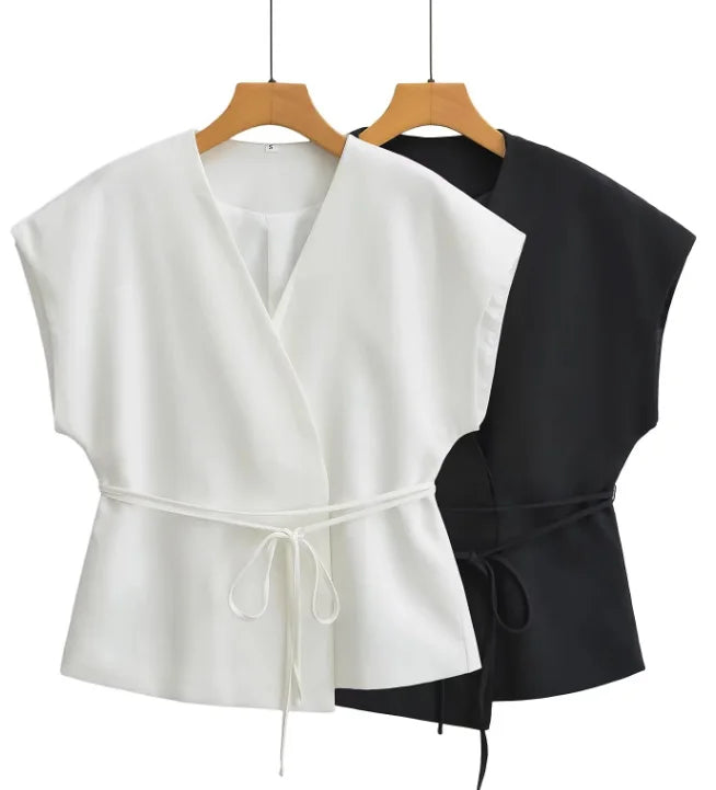 Summer Women's Casual Two-Piece Suit with Lace-Up Tank Top and Pleated Loose Trousers