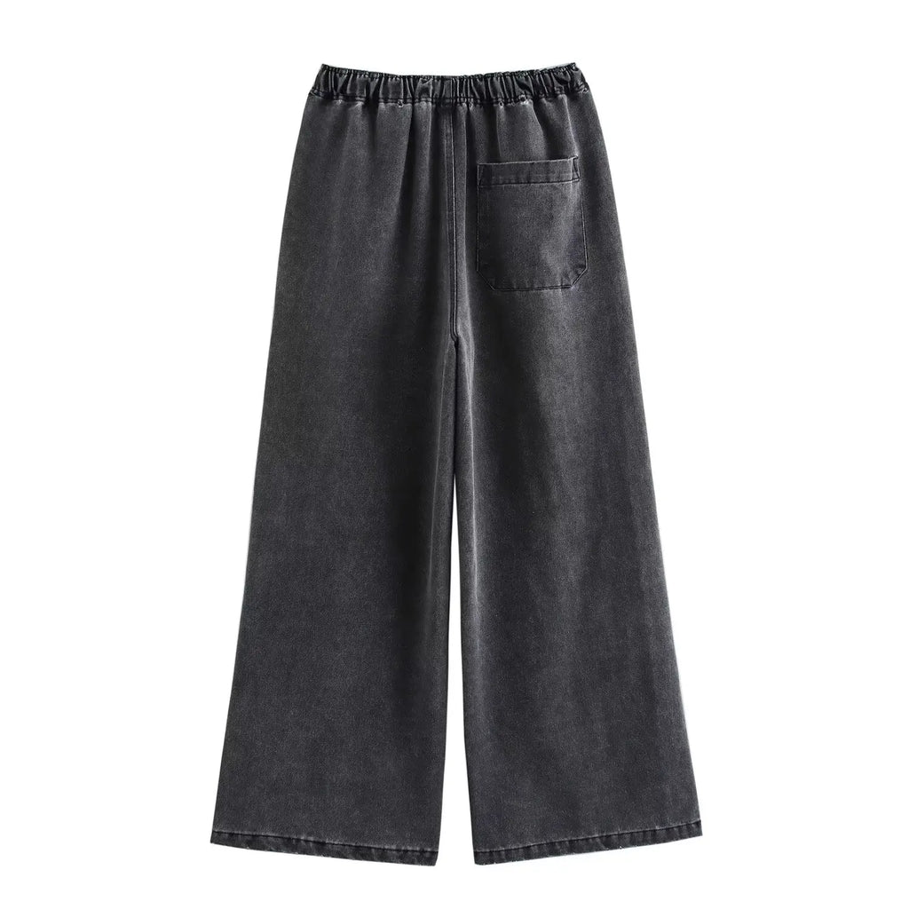 Casual Denim Two Piece Set with Elastic Waist Wide Leg Pants and Polo Collar Long Sleeve Top Loose Fit Stylish Outfit