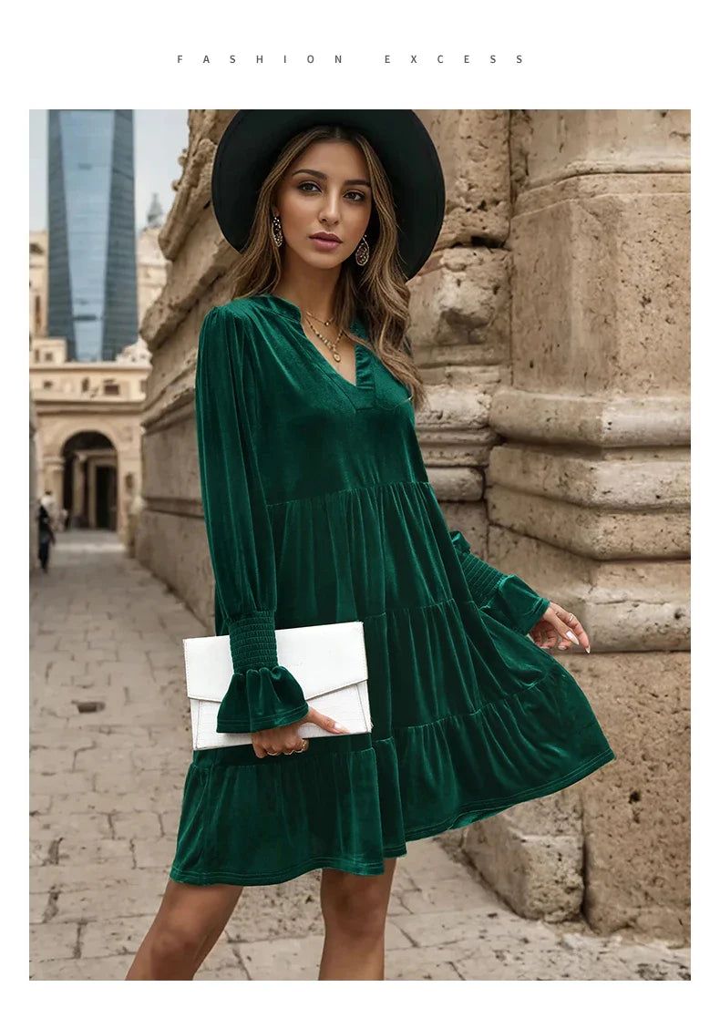 Velvet V Neck Ruffle Dress for Women Autumn Elegance
