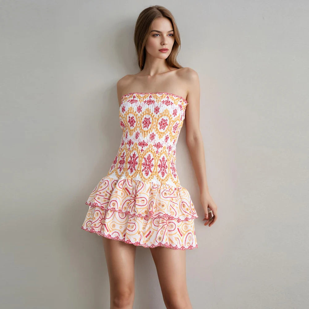 Embroidery Print Strapless Mini Dress Ruffled High Waist