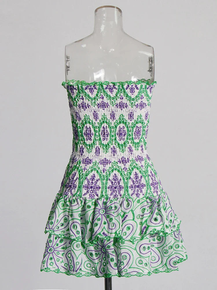 Embroidery Print Strapless Mini Dress Ruffled High Waist