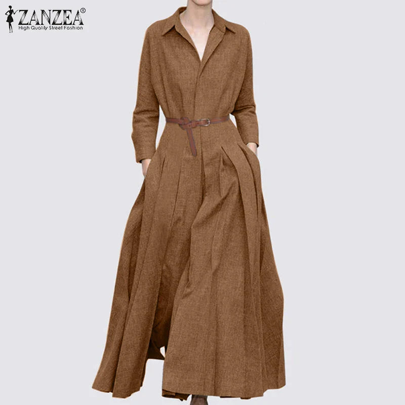 Women Long Sleeve Maxi Dress Office Casual Solid A Line