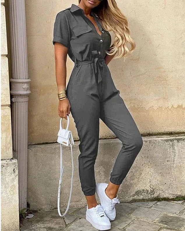 Casual Chic Overalls for Women Lapel Lace-Up Print Belted Work Jumpsuit One-Piece Bodysuit Elegant Long Sleeve Jumpsuit with Stylish Fit