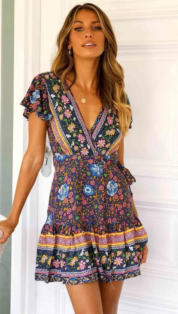 Bohemian Printed Dress With V Neck Lace Up Short Skirt