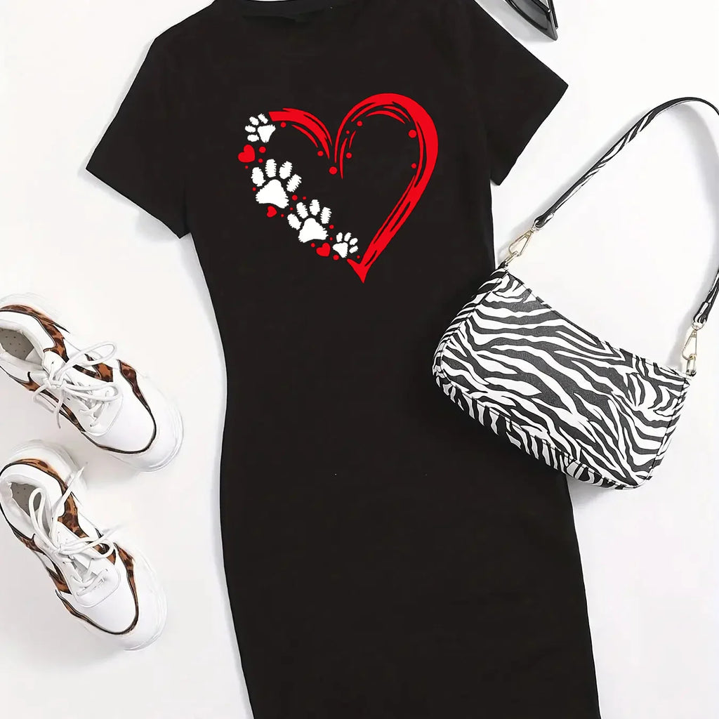 Summer Cat Print Short Sleeve Tee Dress For Women Slim Fit