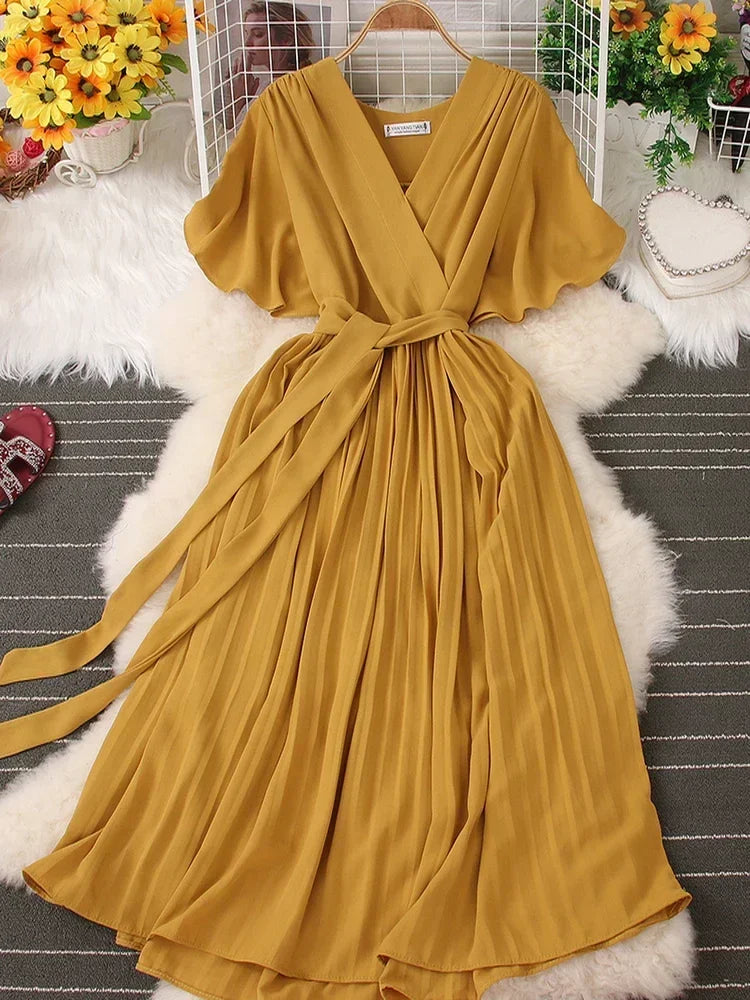 Chiffon Pleated Lace Up V Neck Dress For Women Summer