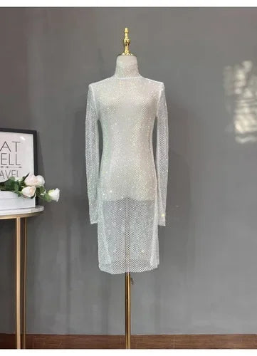 Rhinestone High Neck Glitter Party Dress Mid Length