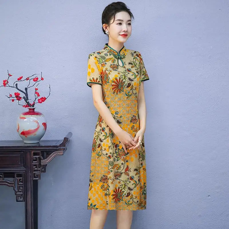 Floral A-Line Summer Dress For Women Short Sleeve Elegant