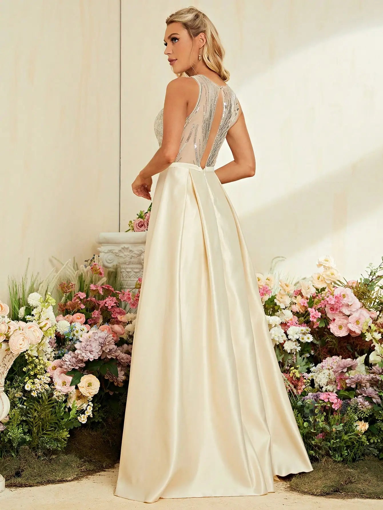 Sequin Patchwork Sleeveless Evening Gown With Deep V