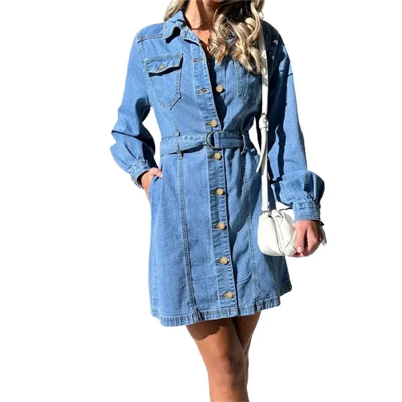 Patchwork Denim Dress With Double Pockets High Waist