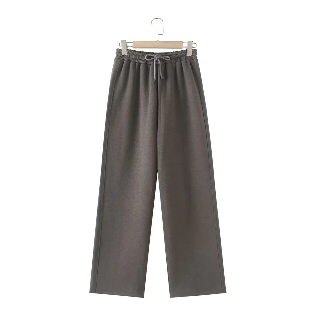 Chic Solid Hoodie and Wide Leg Trouser Set for Women with Elastic Waist and Lace-Up Detail Perfect for Casual and Commute Wear