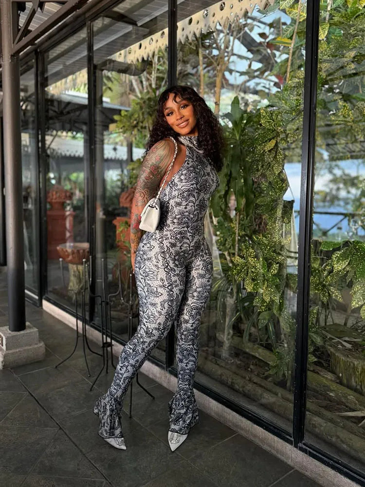 Attractive Y2K Women Jumpsuit Fashion Print Halter Neck Backless High Collar Off Shoulder Overalls for Nightclub Party