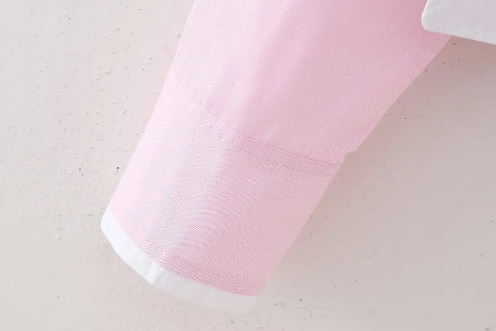 Elegant Patchwork Blouse for Women Long Sleeve Single Breasted Lapel Shirt Chic Short Top