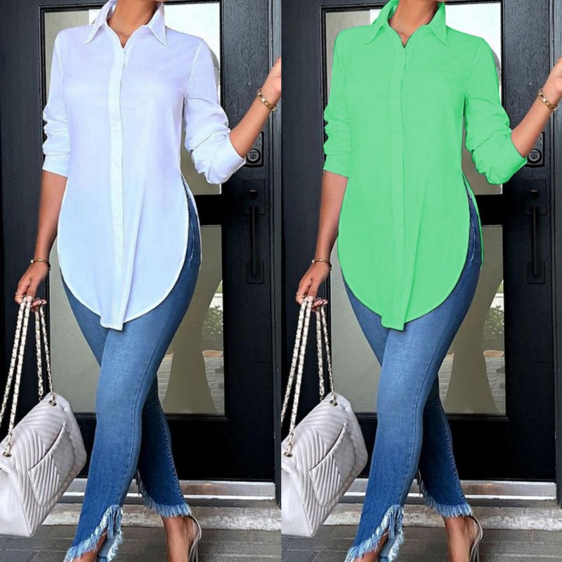 Casual Mid Length Long Sleeve Women Blouse Autumn Fashion Shirt Elegant Asymmetrical Tunic Solid Color Top