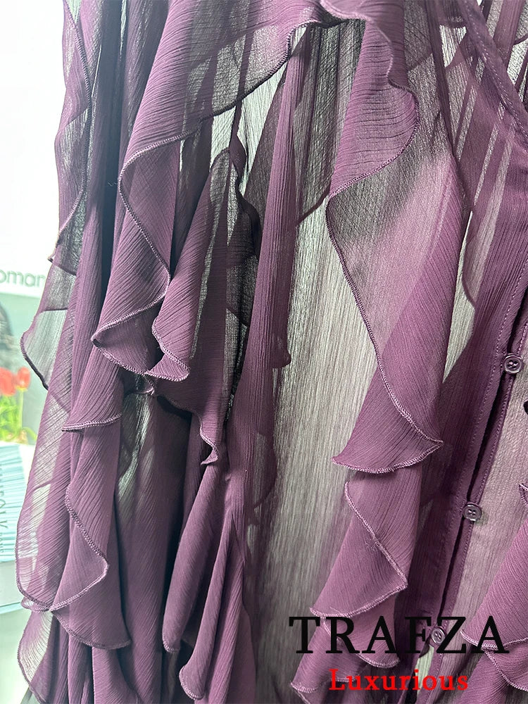 Sexy Transparent Tassel Chiffon Women Blouse Long Sleeve V Neck Loose Fit Single Button Shirt Stylish Lightweight Top for Spring and Summer