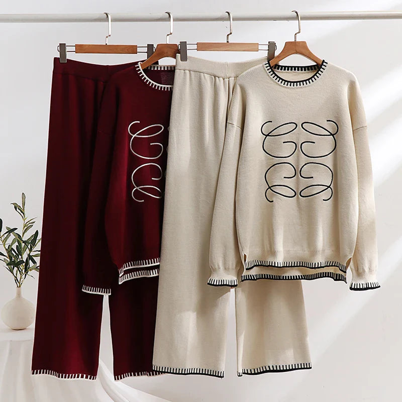 Casual Women Two Piece Tracksuit Set Thick Winter Sweatshirt and Pants Cozy Knitted Loungewear