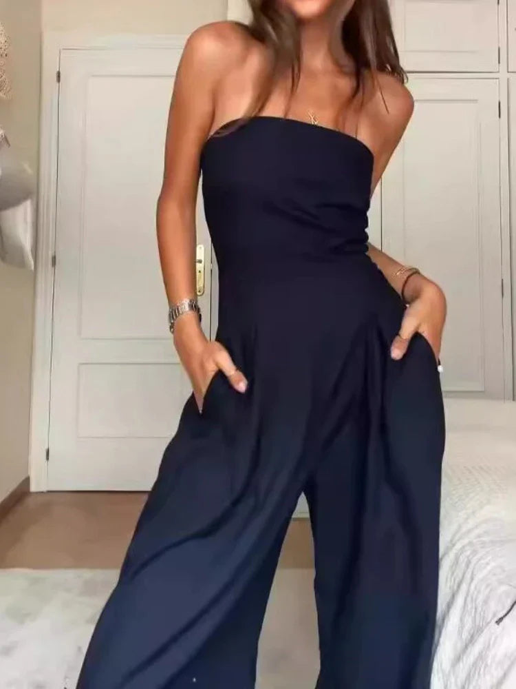 Women's Casual Backless Slim Fit Smocked Waist Temperament Jumpsuit for Elegant Daywear