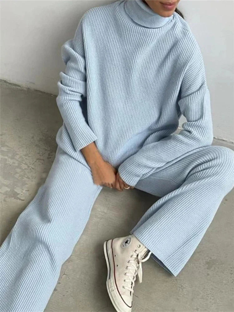 Knitted Tracksuit Set for Women with Turtleneck Sweater and Wide Leg Jogging Pants Pullover Suit