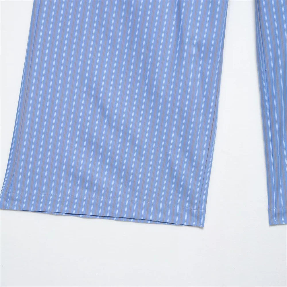 Womens Light Blue Pinstripe Suit Set with Sleeveless Asymmetric Vest and Wide Leg Pants for Stylish Office Attire