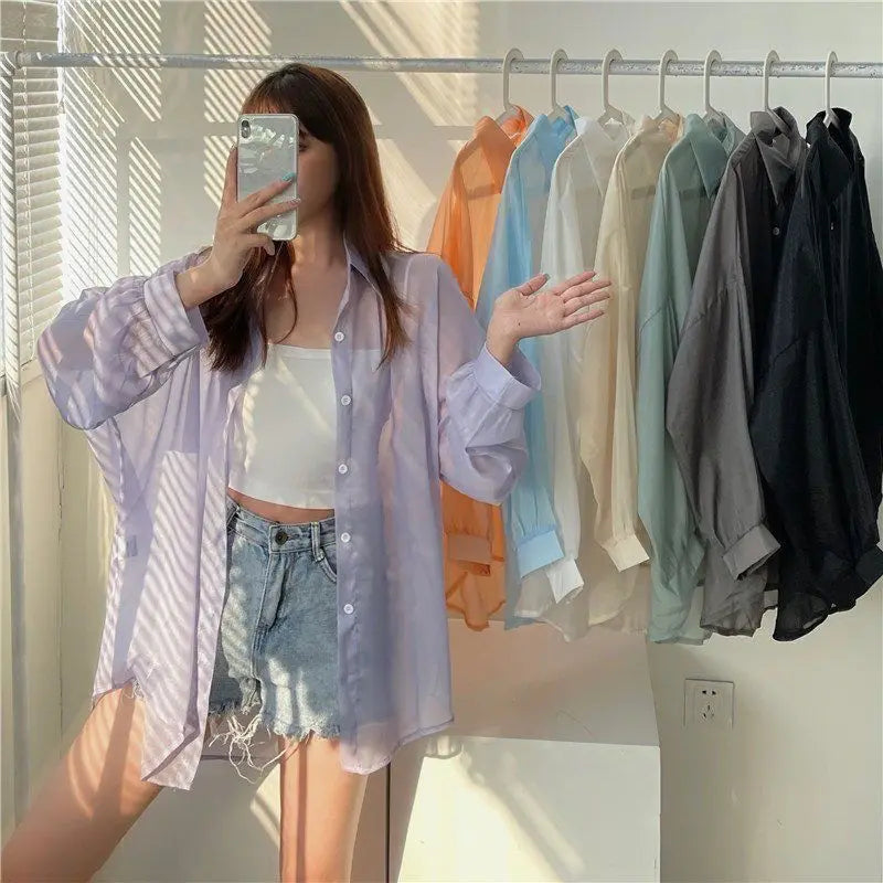 Women's Chiffon Long Sleeve Blouse Loose Fit Thin Cardigan Casual Solid Color Top