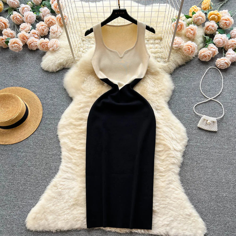 Patchwork Knitted Bodycon Dress For Women Wrap Party