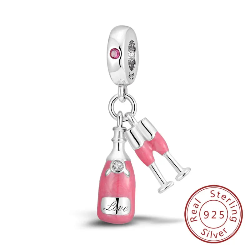 Fit 925 Sterling Silver Bow Perfume Bottle Pink Charms Beads for Women DIY Jewelry Gifts