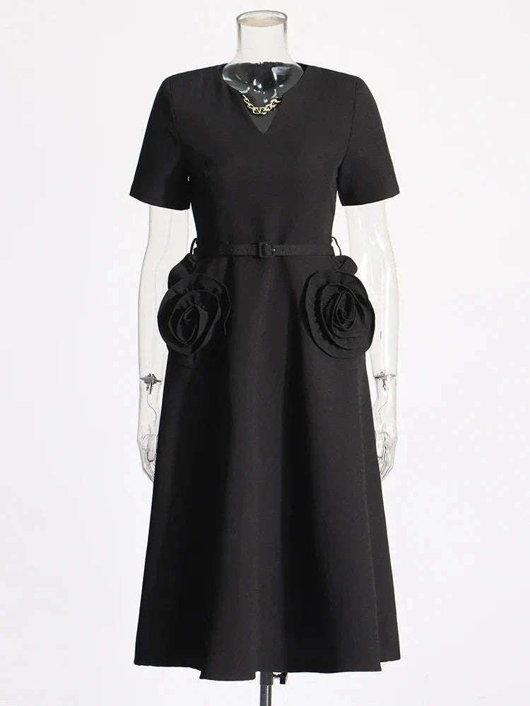 Hollow Out Patchwork Dress For Women V Neck Long Belted