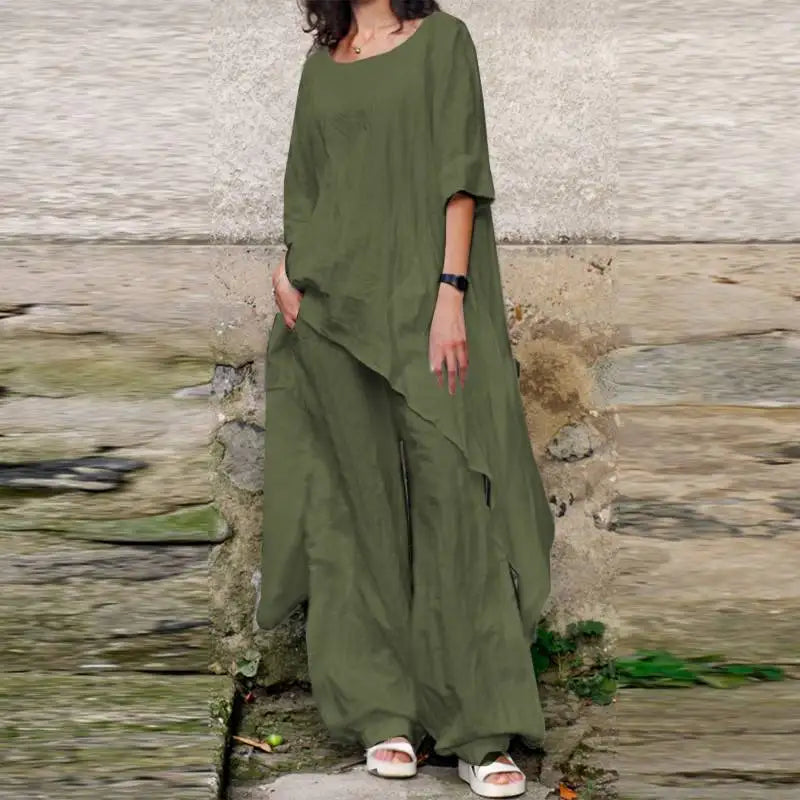 Casual Loose Cotton Linen Top with Irregular Hem and Round Neck Paired with Elegant Loose Leg Pants Two Piece Set