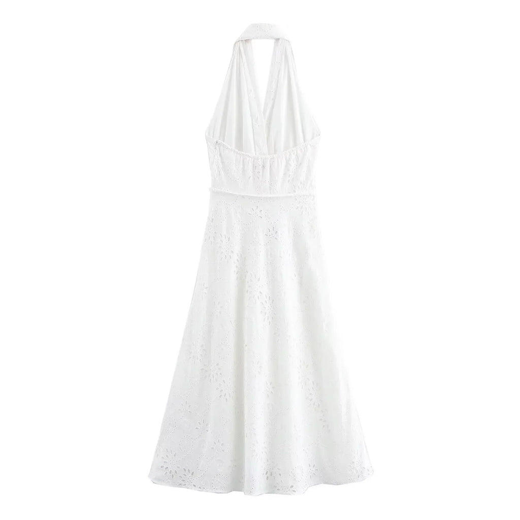 Autumn Embroidered Casual Dress with Halter Neck for Women