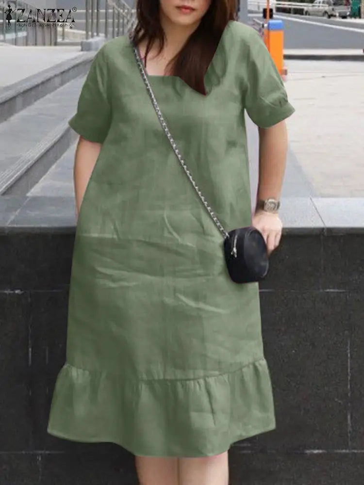 Knee Length Puff Sleeve Dress Women Casual A Line Style