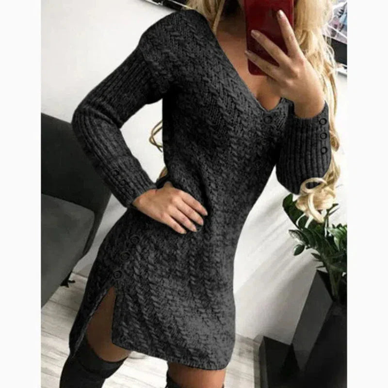 V Neck Knitted Dress Slim Fit Autumn Winter Solid Color