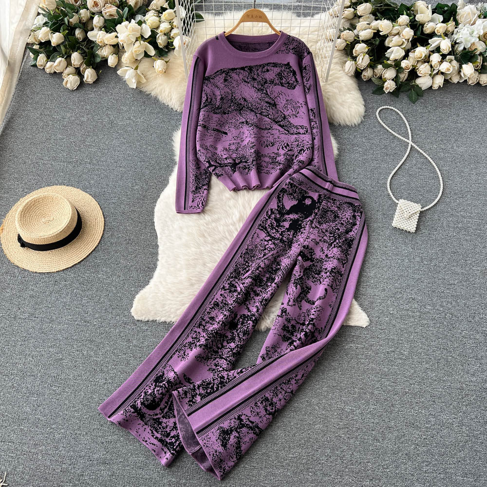 Casual Women Two Piece Knitted Tracksuit Set with Elegant Sweater and Pants for Winter Comfort