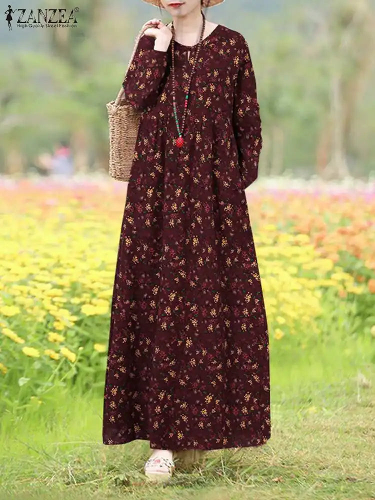 Boho Floral Print Maxi Dress With Long Sleeves Casual