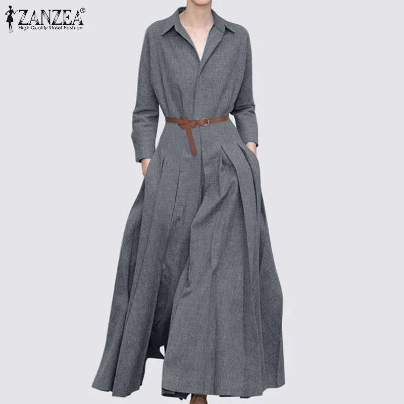 Women Long Sleeve Maxi Dress Office Casual Solid A Line