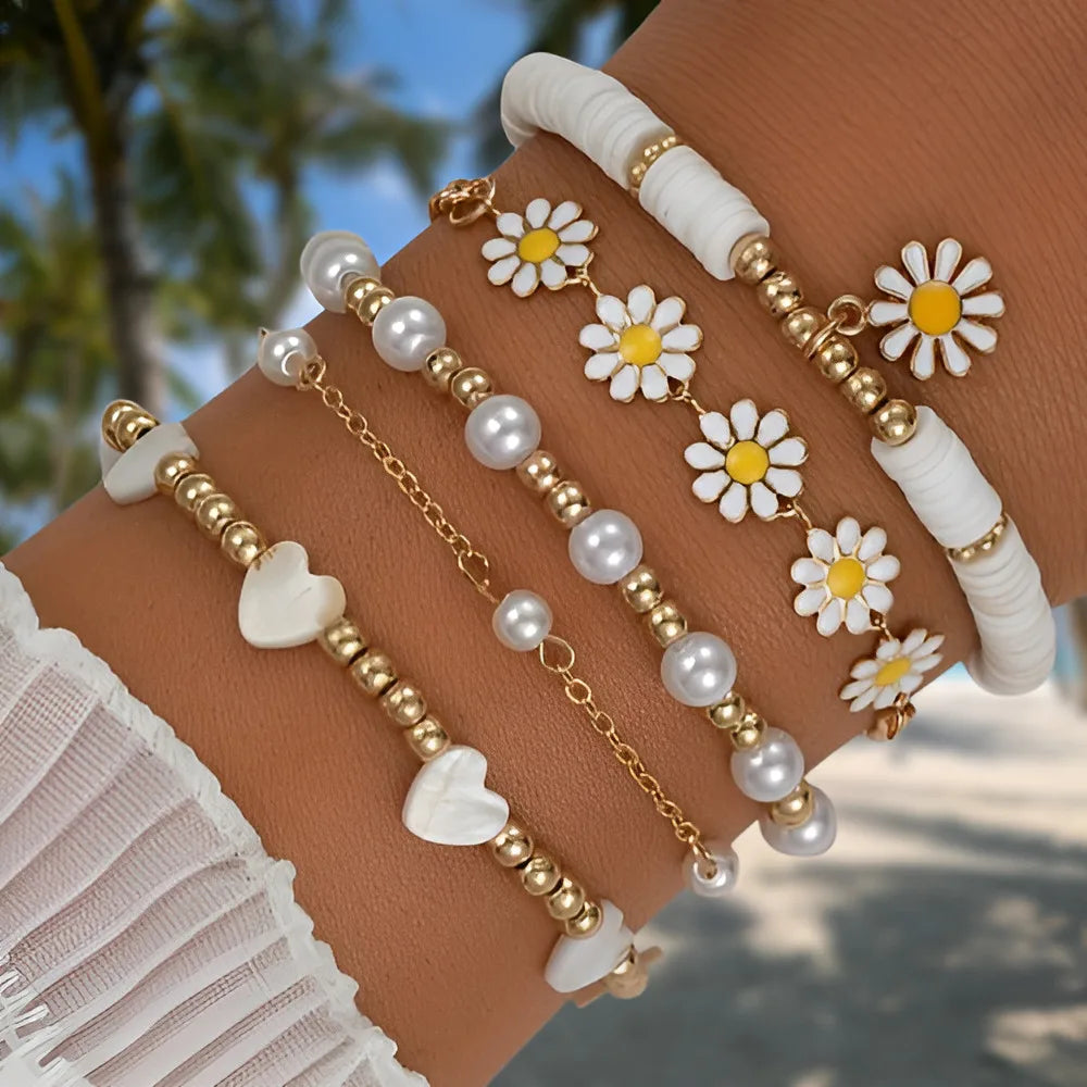 4pcs Vintage Daisy Flower Faux Pearl Bracelet Set for Women Bohemian Stackable Jewelry