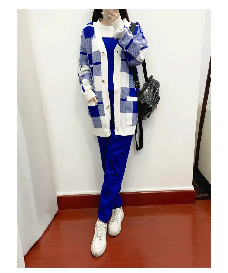 Autumn Winter Women's Plaid Knit Tracksuit Set with Cardigan Sweater Coat, Short Sleeved Top, and Solid Harem Pants