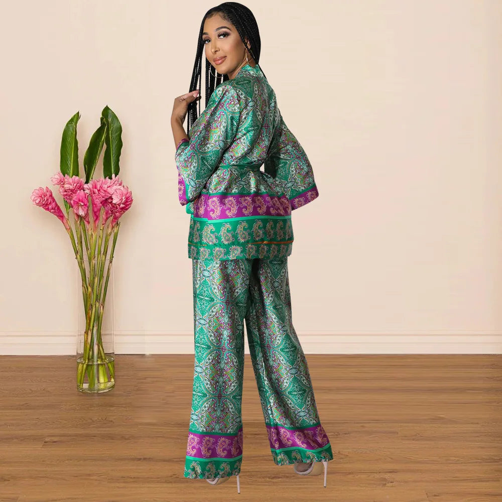 Women's Imitation Silk Printed Two Piece Set with Lace-Up Long Sleeve Top and Wide-Leg Pants for Casual Street Style