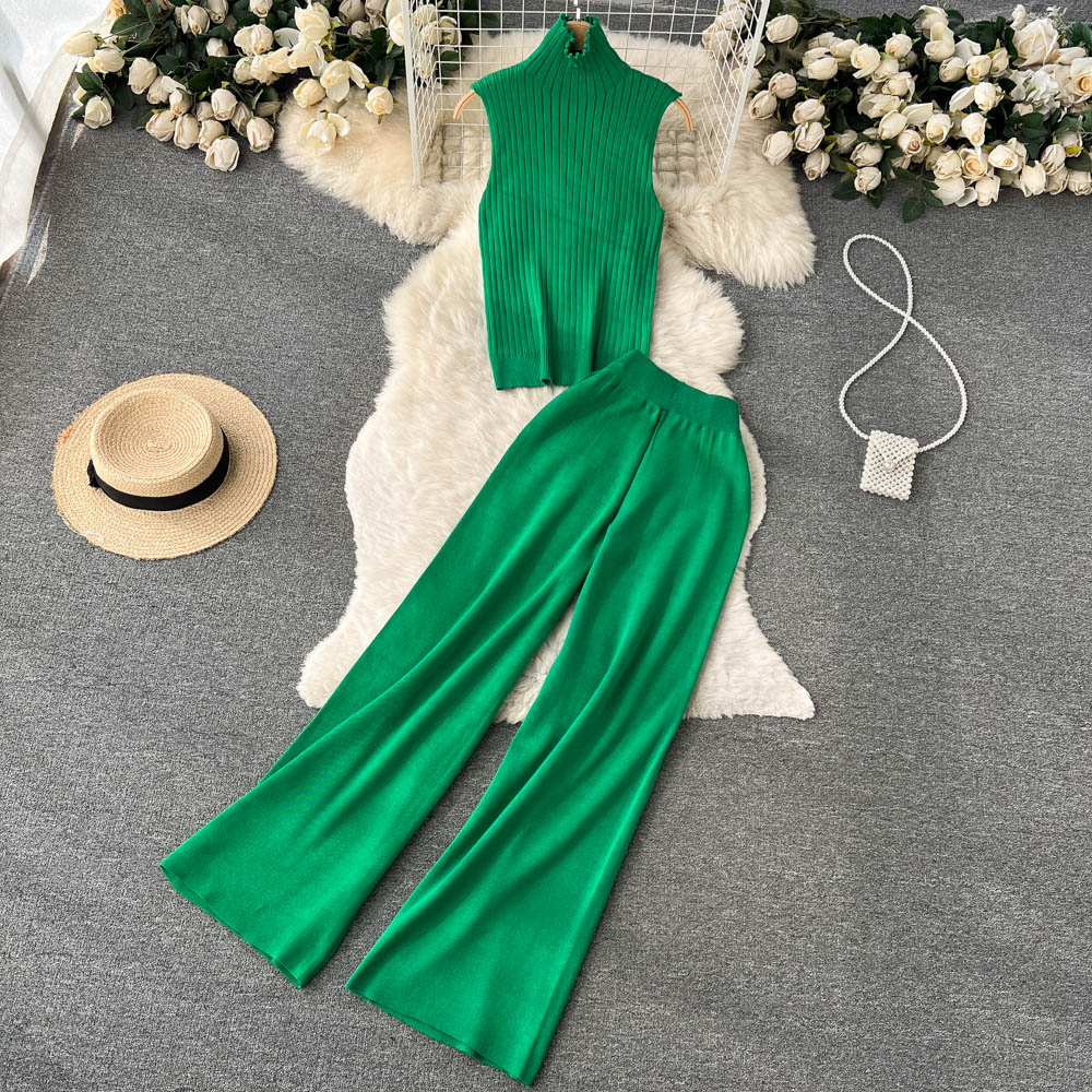 3 Piece Knitted Tracksuit Set for Women Comfy Loungewear with Long Cardigan Coat Turtleneck Vest and Pants